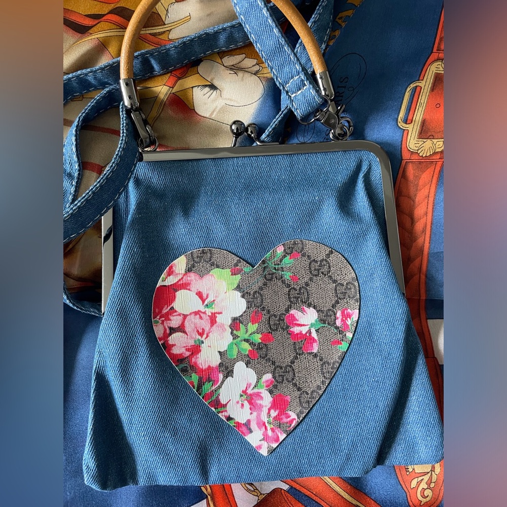 Up Cycle Gucci Leather canvas on a Denim Crossbody Bag